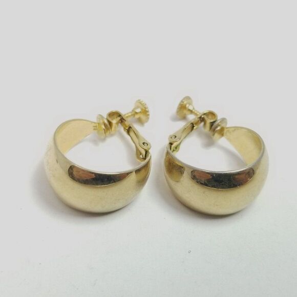 Vintage Wide Gold Tone Huggie Hoop Clip on Earrings, Classic Retro Style, Estate - Picture 2 of 5